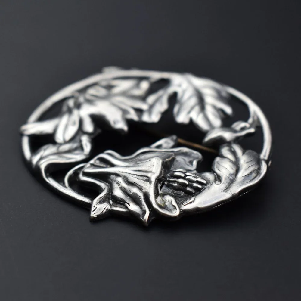 Huge thistle flower pin, large floral brooch silver tone
